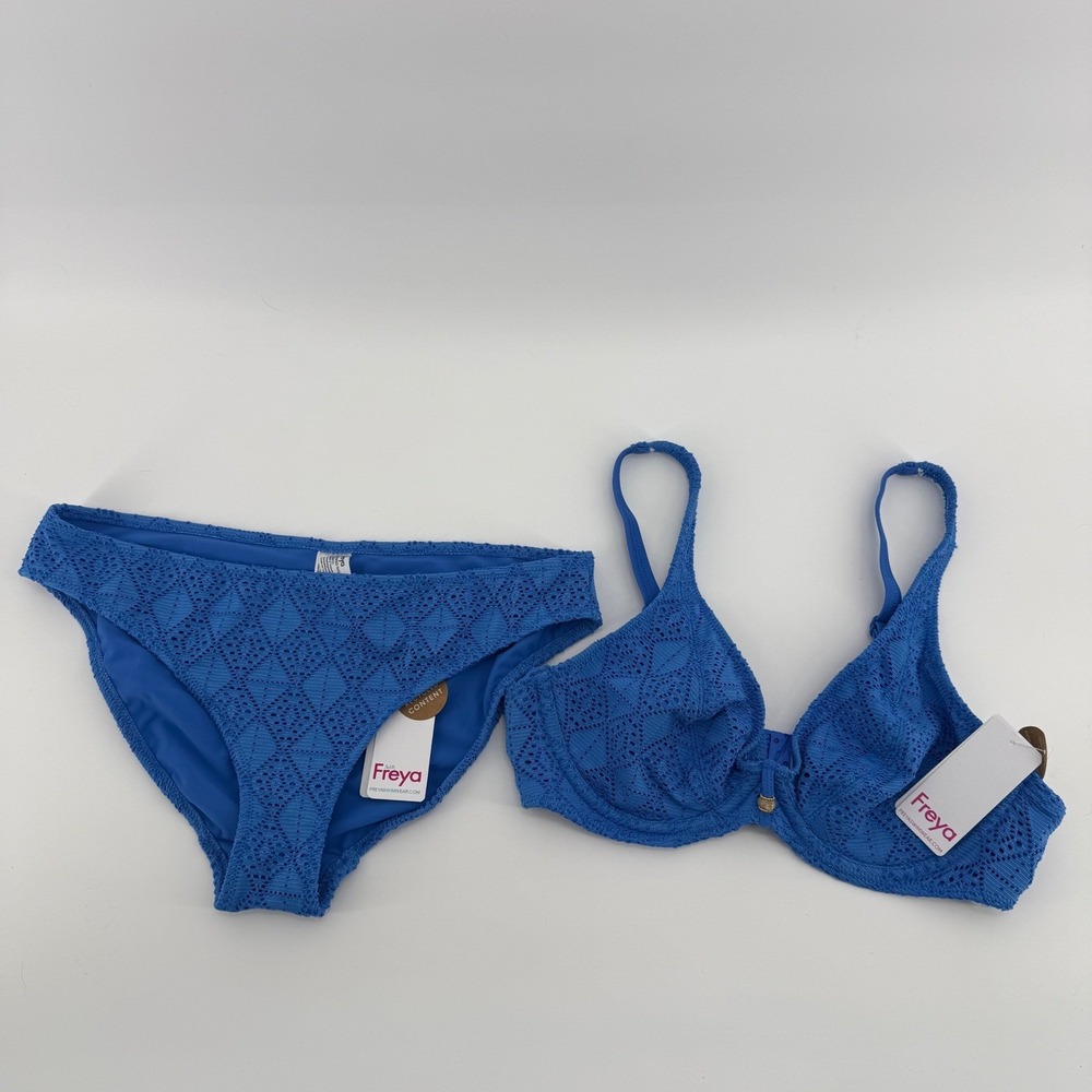 Freya Sundance Cobalt Blue Crochet Underwire Bikini Set 32D Women's Small NEW